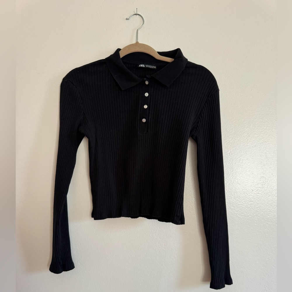 Zara Black Ribbed Long-Sleeve Polo Crop Top M